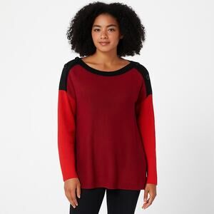 Vince Camuto Women’s Medium Red Black Colorblock Button Shoulder Sweater NWOT